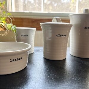 Pottery Barn 4- pc Ceramic Bathroom Vanity Set Canister Soap Dish